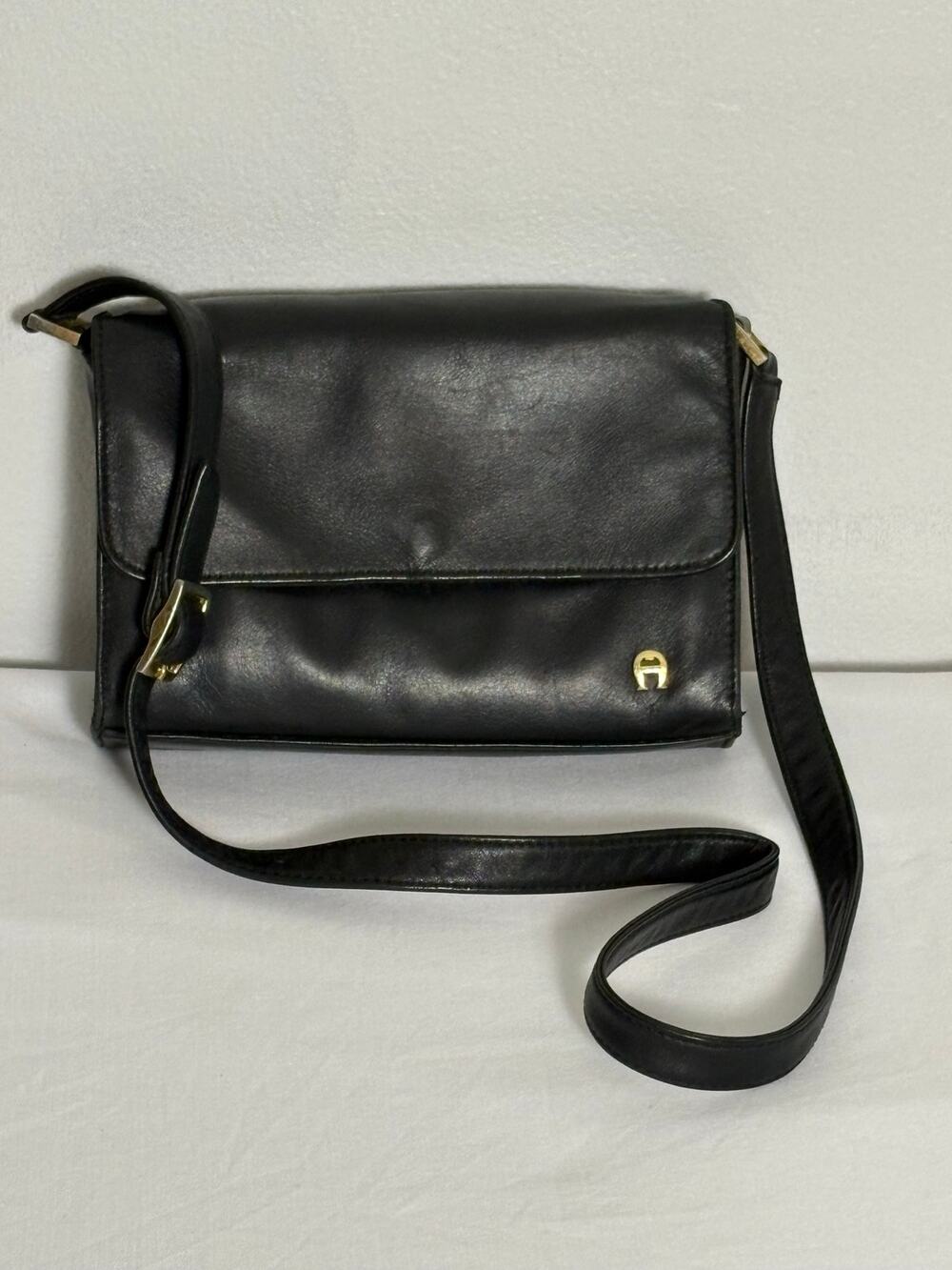 Etienne Aigner Black Leather Crossbody Gold Logo